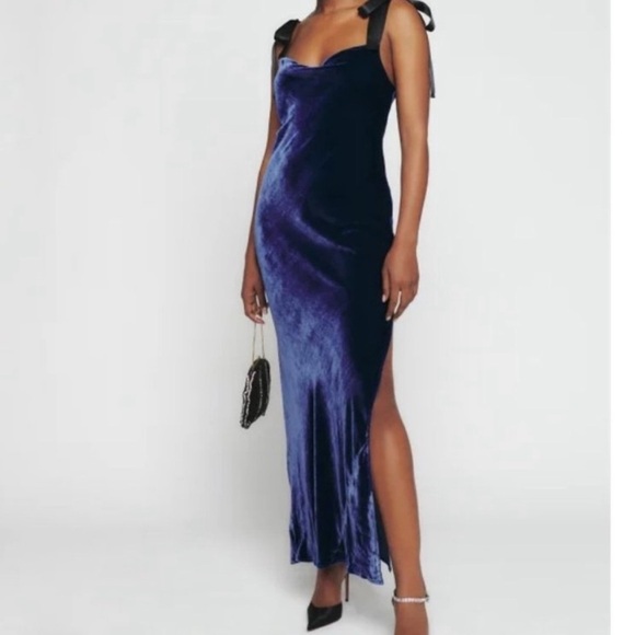 Reformation Nya Velvet Maxi Dress in Danube Blue and Black Bow Ribbon  Straps